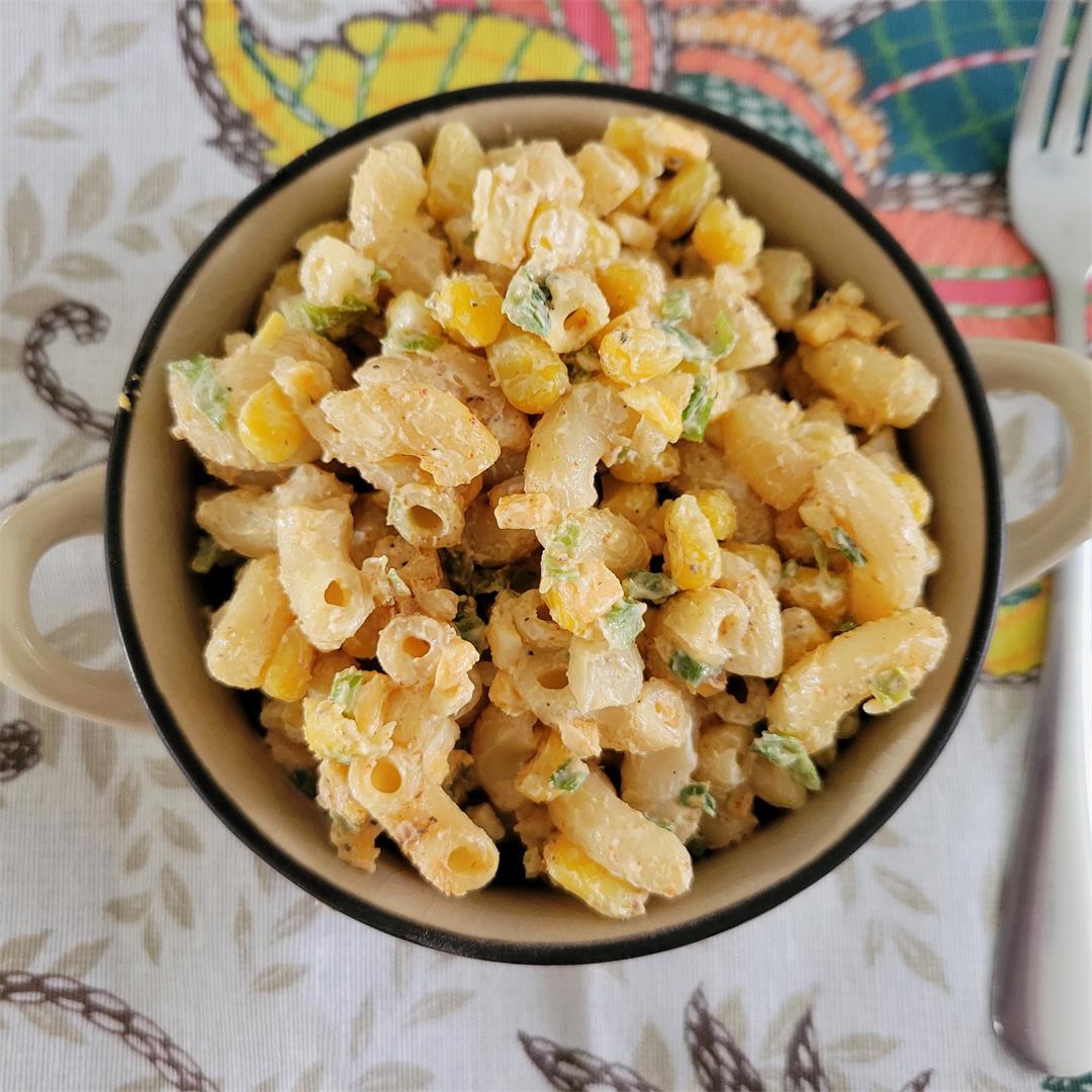 Cold pasta salad with corn and jalapeño