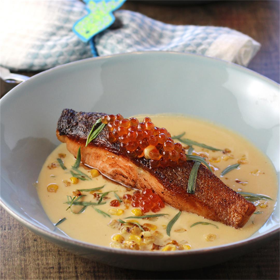 Pan-roasted salmon with seared corn sauce