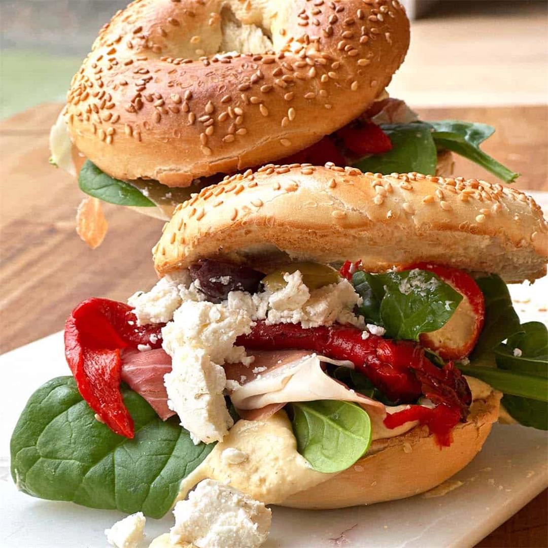 Leftover Antipasti with Hummus Bagel