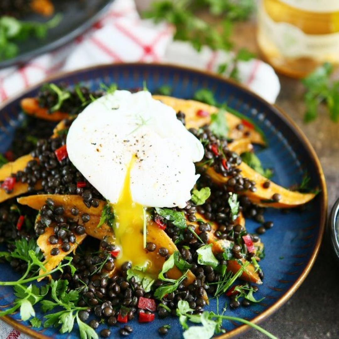 Sweet Potato and Beluga Lentil Salad with Poached Egg