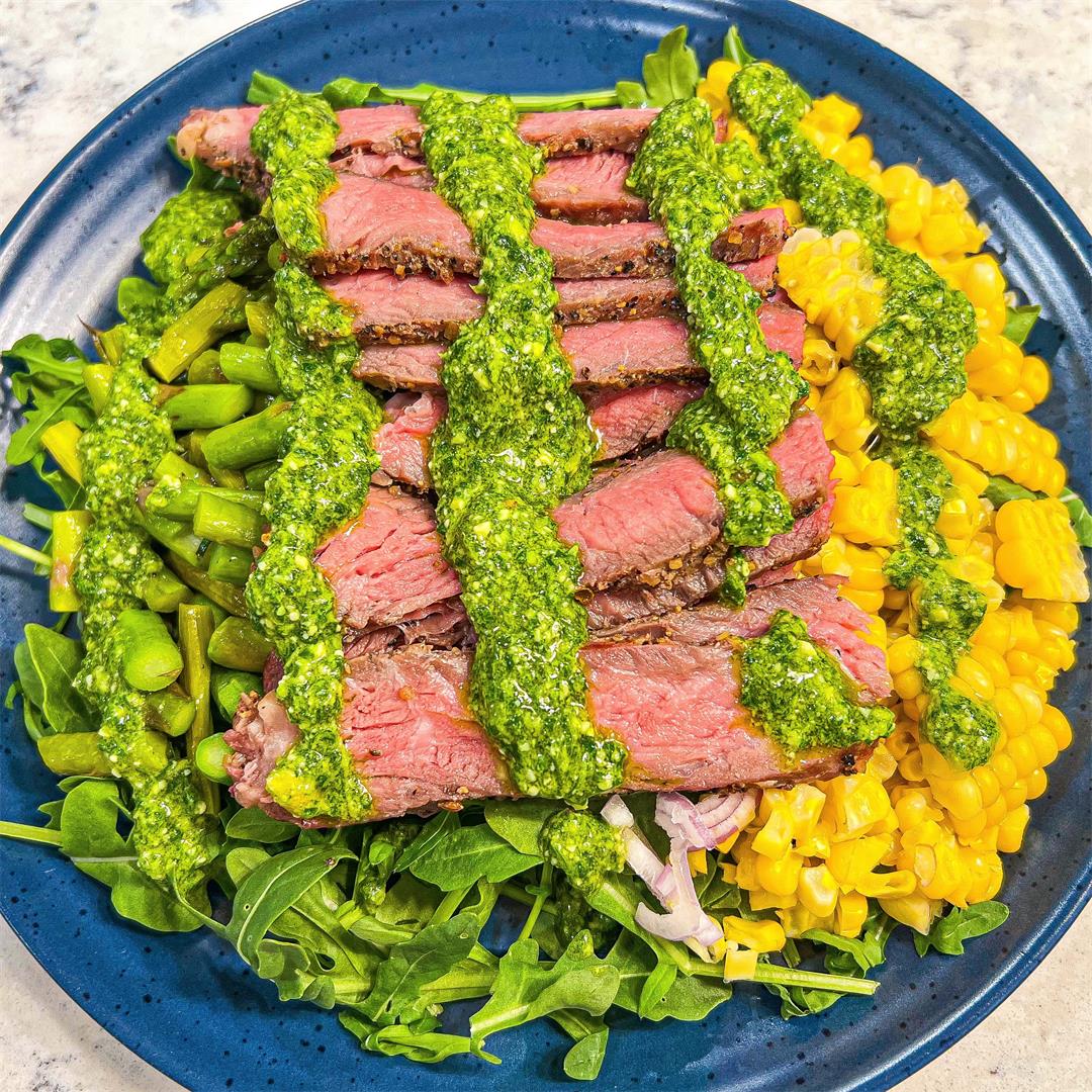 Grilled Steak Salad with Corn, Asparagus & Arugula Pesto