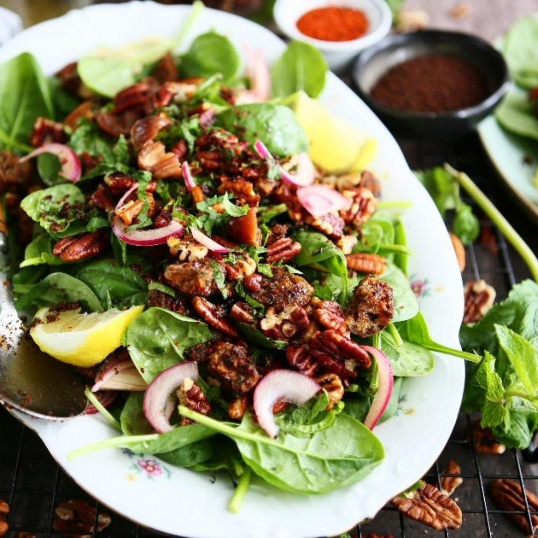 Spinach Salad with Dates, Pecans and Sumac Croutons