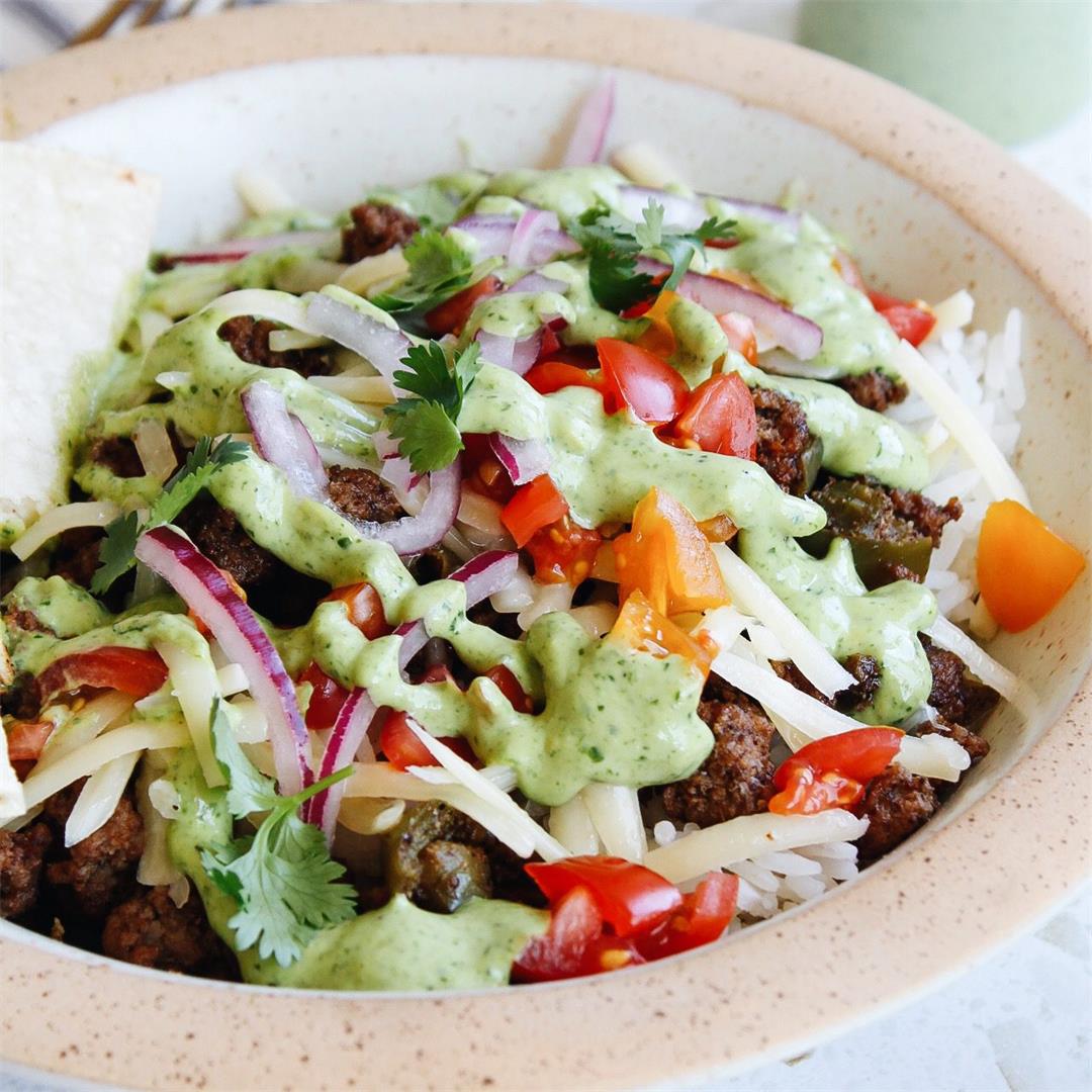 Ground Beef Taco Bowls with Creamy Cilantro Sauce