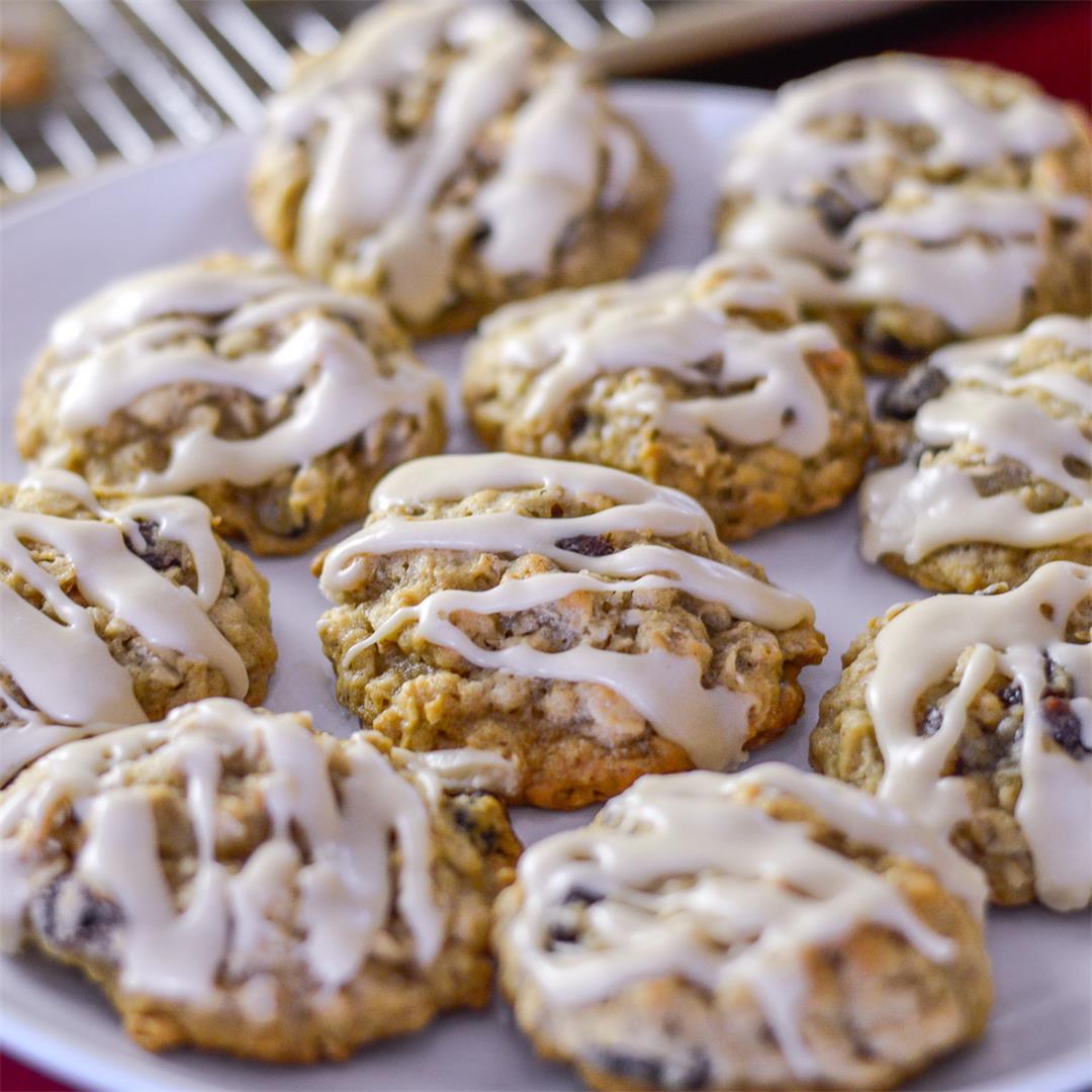 Chewy Oatmeal Raisin Cookies with Maple Glaze