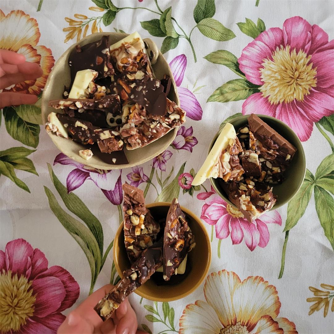 Triple chocolate bark with pretzels and hazelnuts