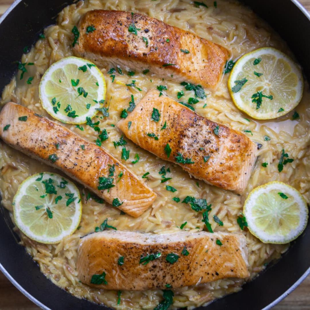 One-Pot Lemon Garlic Salmon Orzo