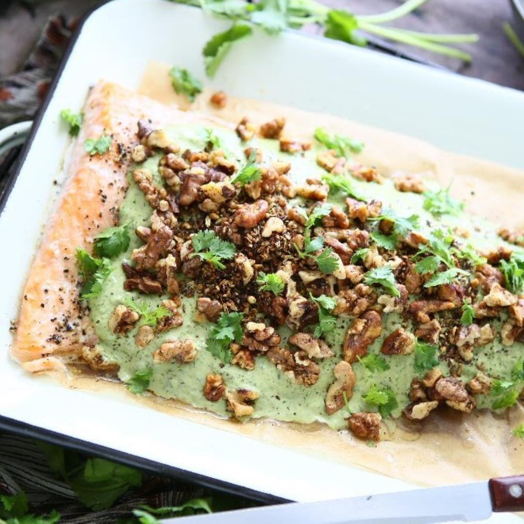 Oven Steamed Salmon with Sumac Walnuts and Tarator