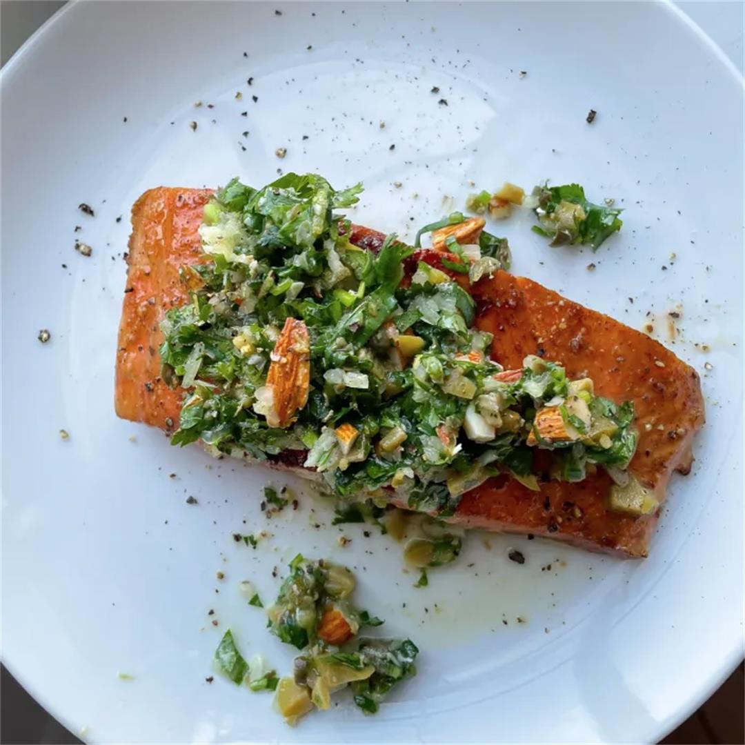 Grilled Salmon with Green Olive Salsa