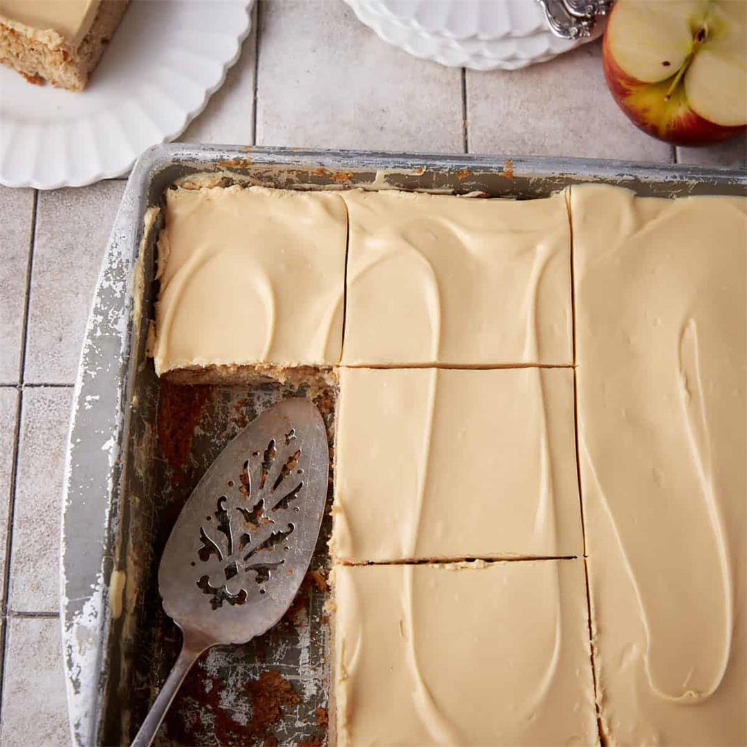 Moist Apple Sheet Cake Recipe with Caramel Frosting