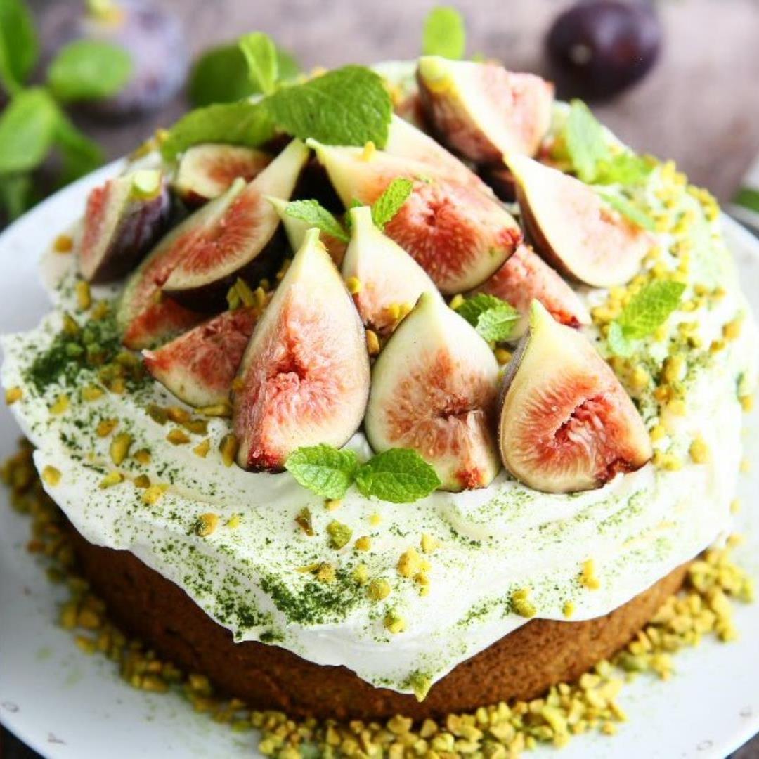 Matcha Pistachio Cake with Mascarpone and Figs