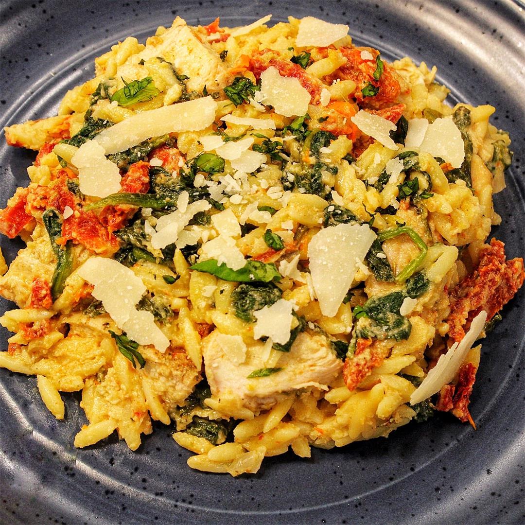 Tuscan Chicken with Creamy Sun-Dried Tomato and Spinach Orzo