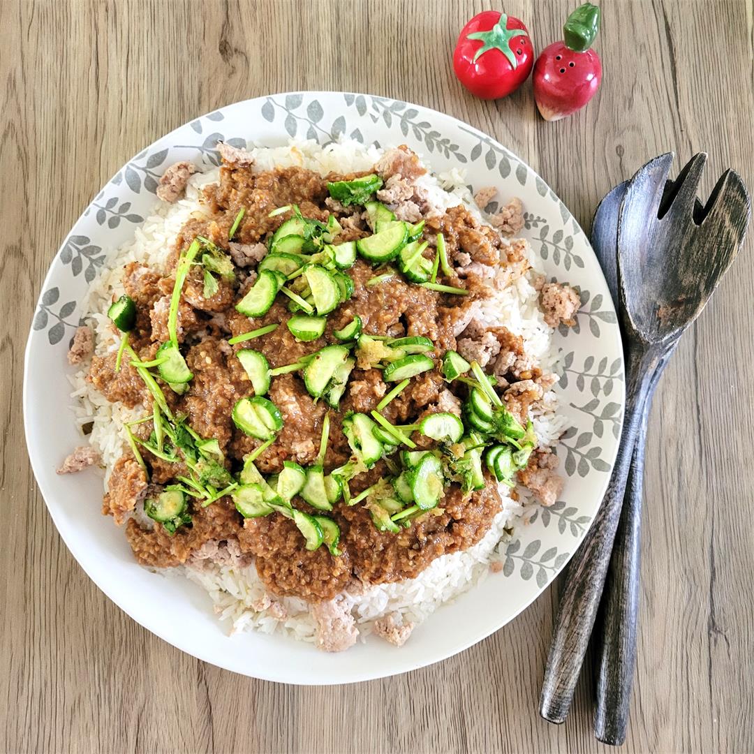 Coconut rice with mince chicken in peanut sauce and cucumbers