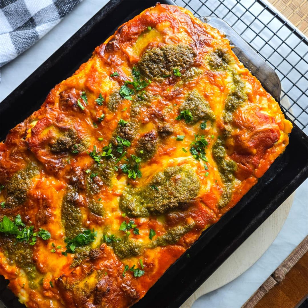 Ravioli Lasagna with Whipped Ricotta & Pesto