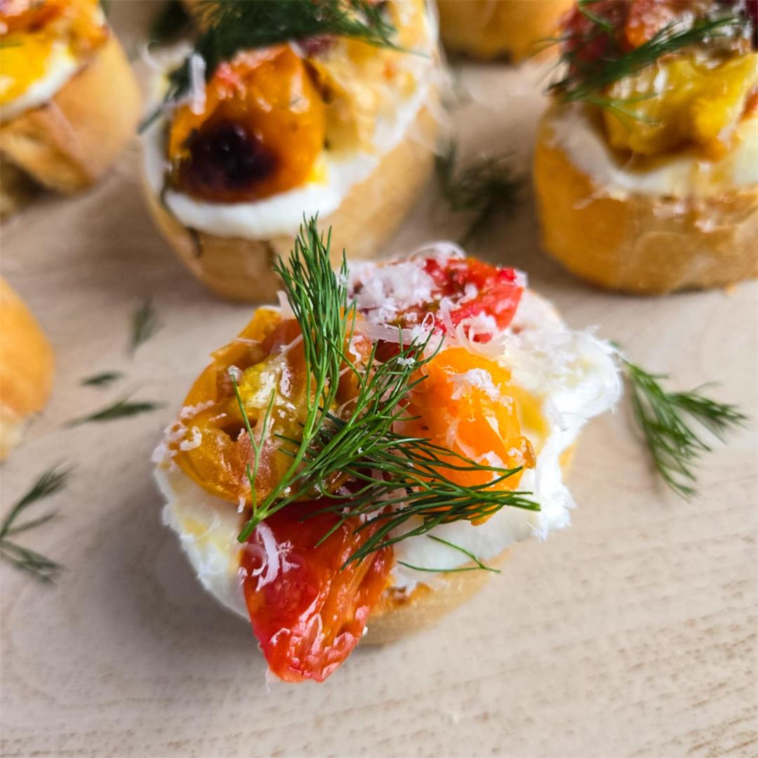 Whipped Ricotta Crostini with Dill & Garlic Roasted Toms