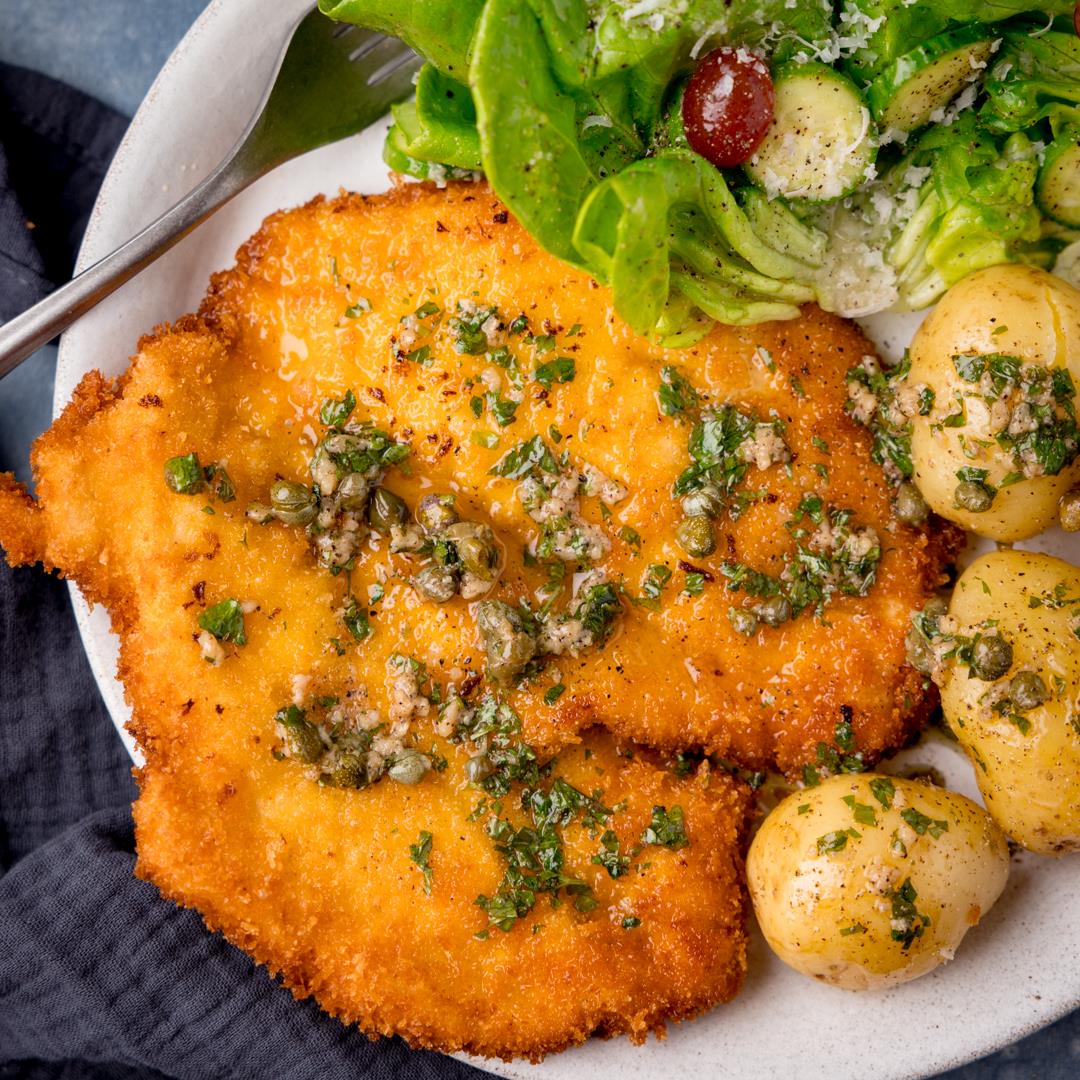 Chicken Schnitzel with Garlic-Caper Butter