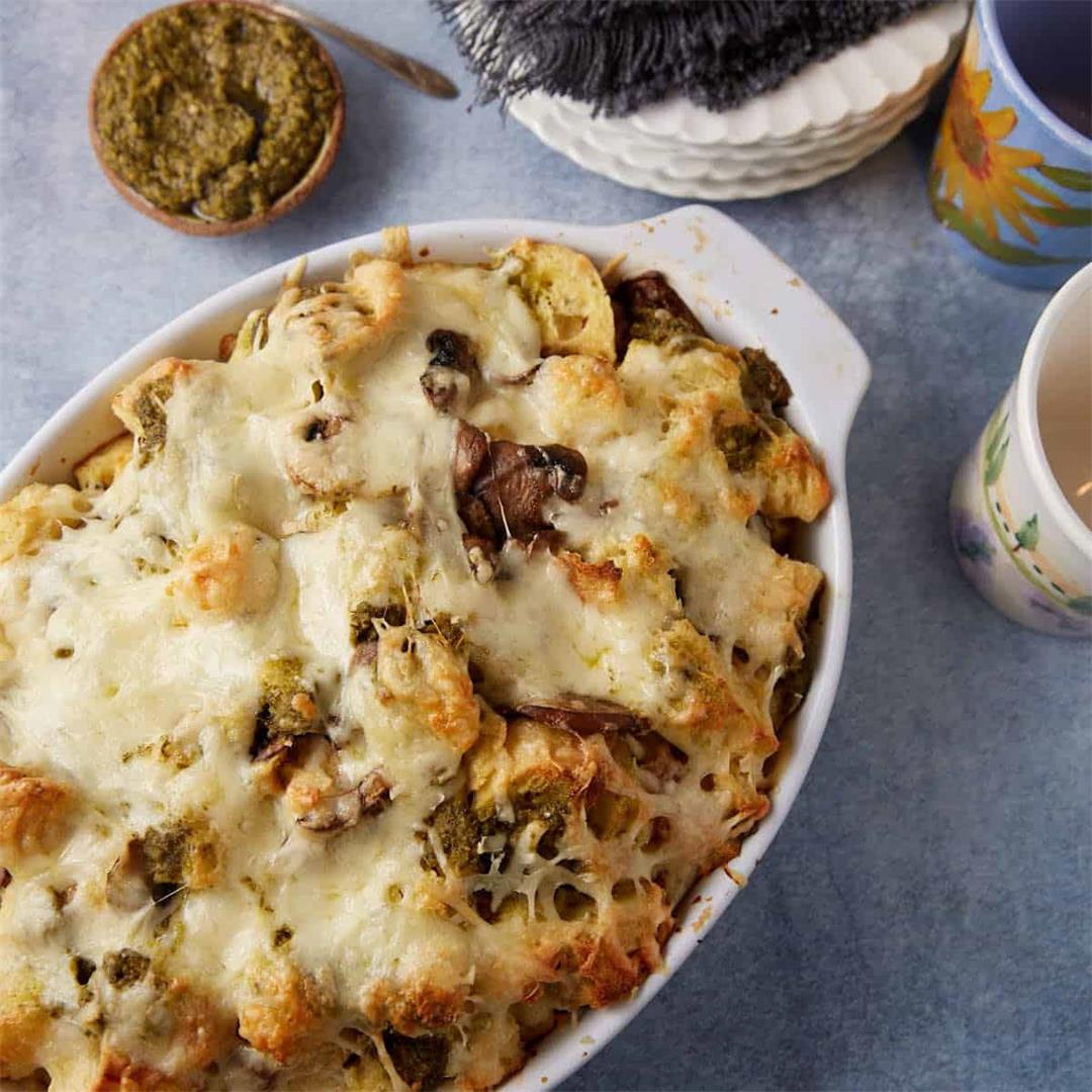 Savory Bread Pudding with Pesto and Mushrooms