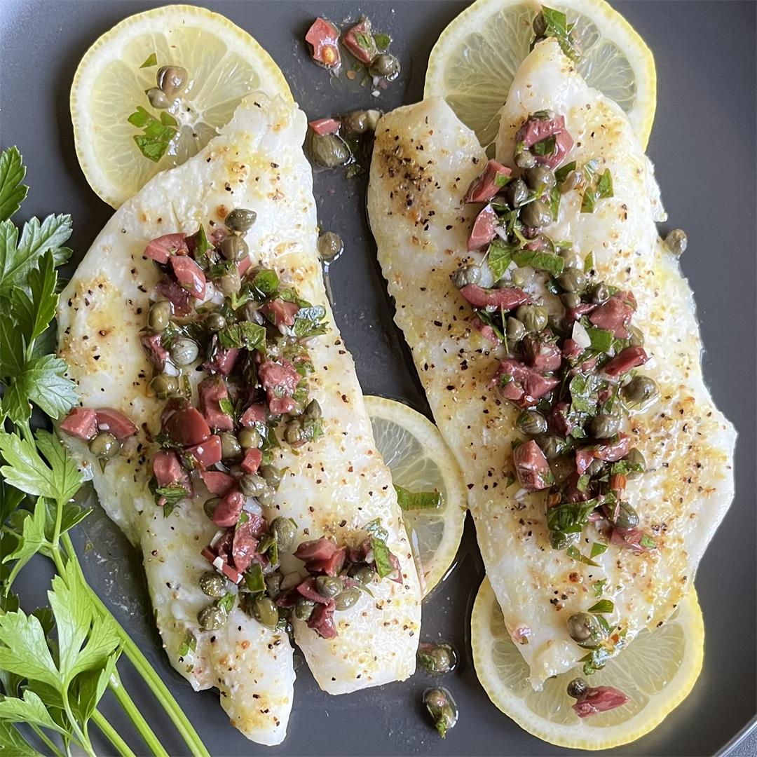 Lemon Pepper Flounder with Savory Olive Sauce