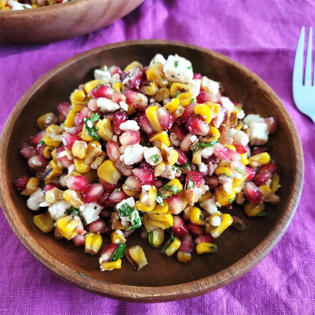 Corn and pomegranate salad with feta cheese