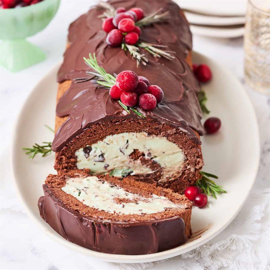 Ice Cream Yule Log Cake with Chocolate Ganache