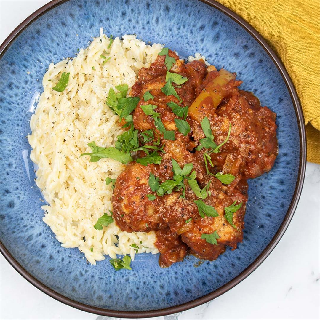 Chicken Meatballs with Cheesy Orzo