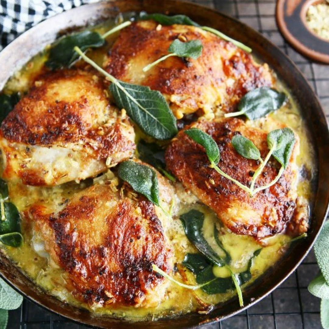 Chicken Thighs with Creamy Mustard and Sage Sauce