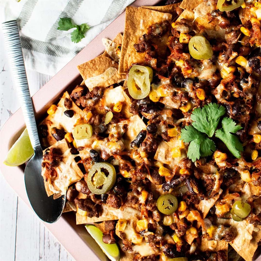 Healthy Loaded Mexican Sheet Pan Beef & Bean Nachos