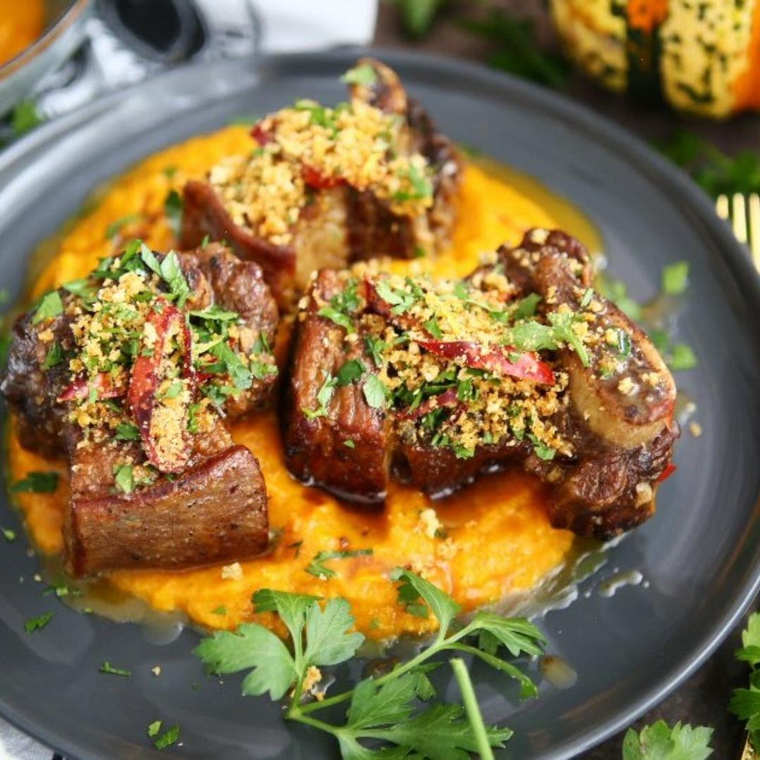 Beef Short Ribs with Maple Pumpkin Puree and Pangrattato