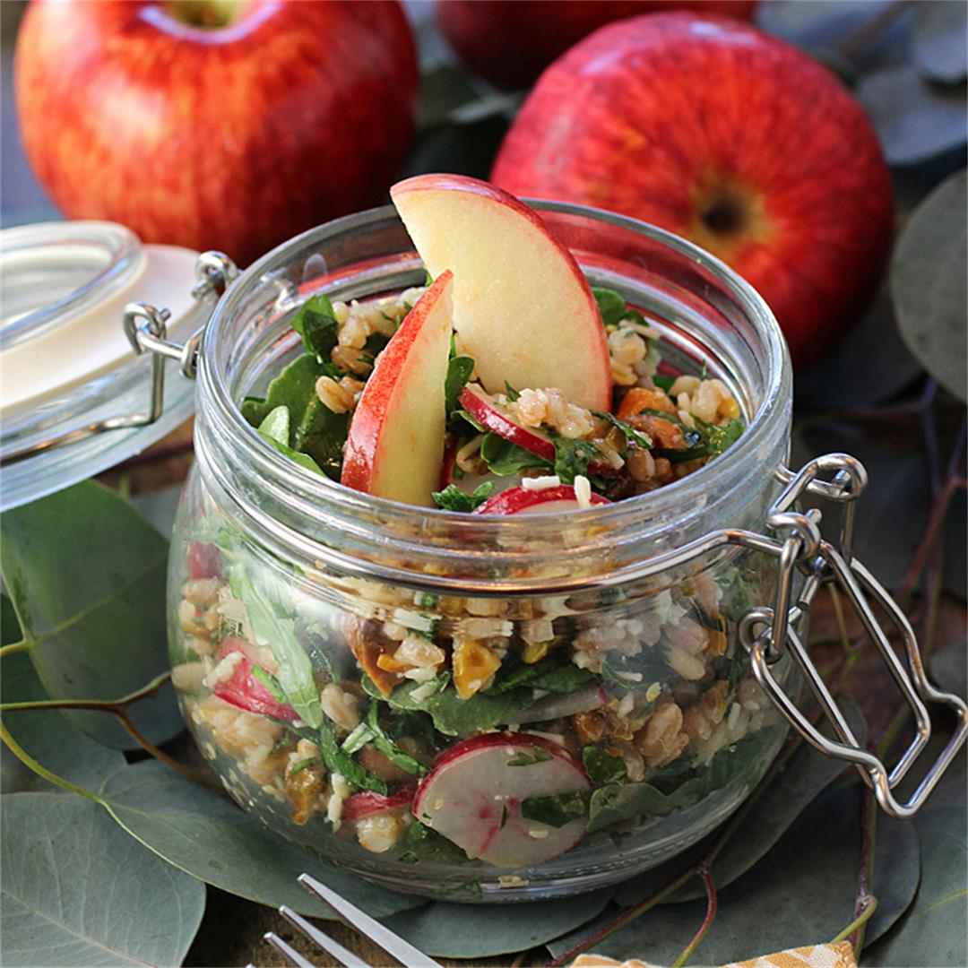 Farro salad with pistachios, tarragon, and apples