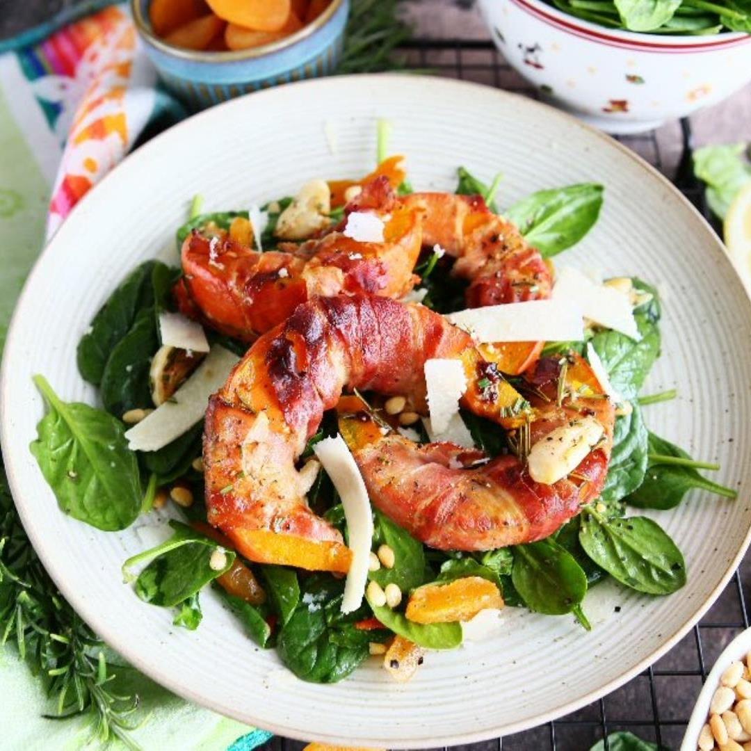 Bacon Roasted Hokkaido with Spinach Apricot Salad