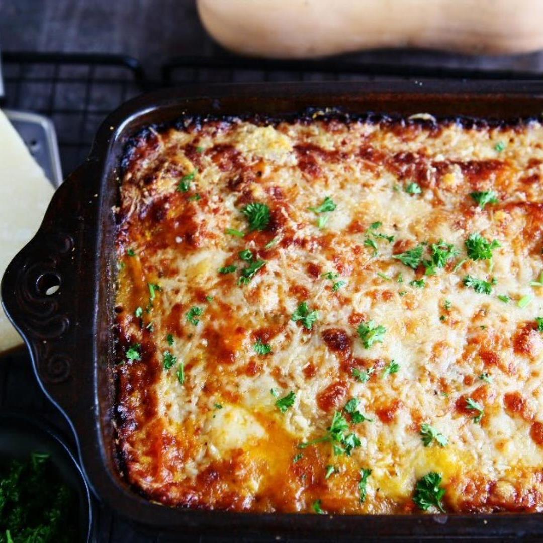 Pumpkin, Mince and Spinach Gratin