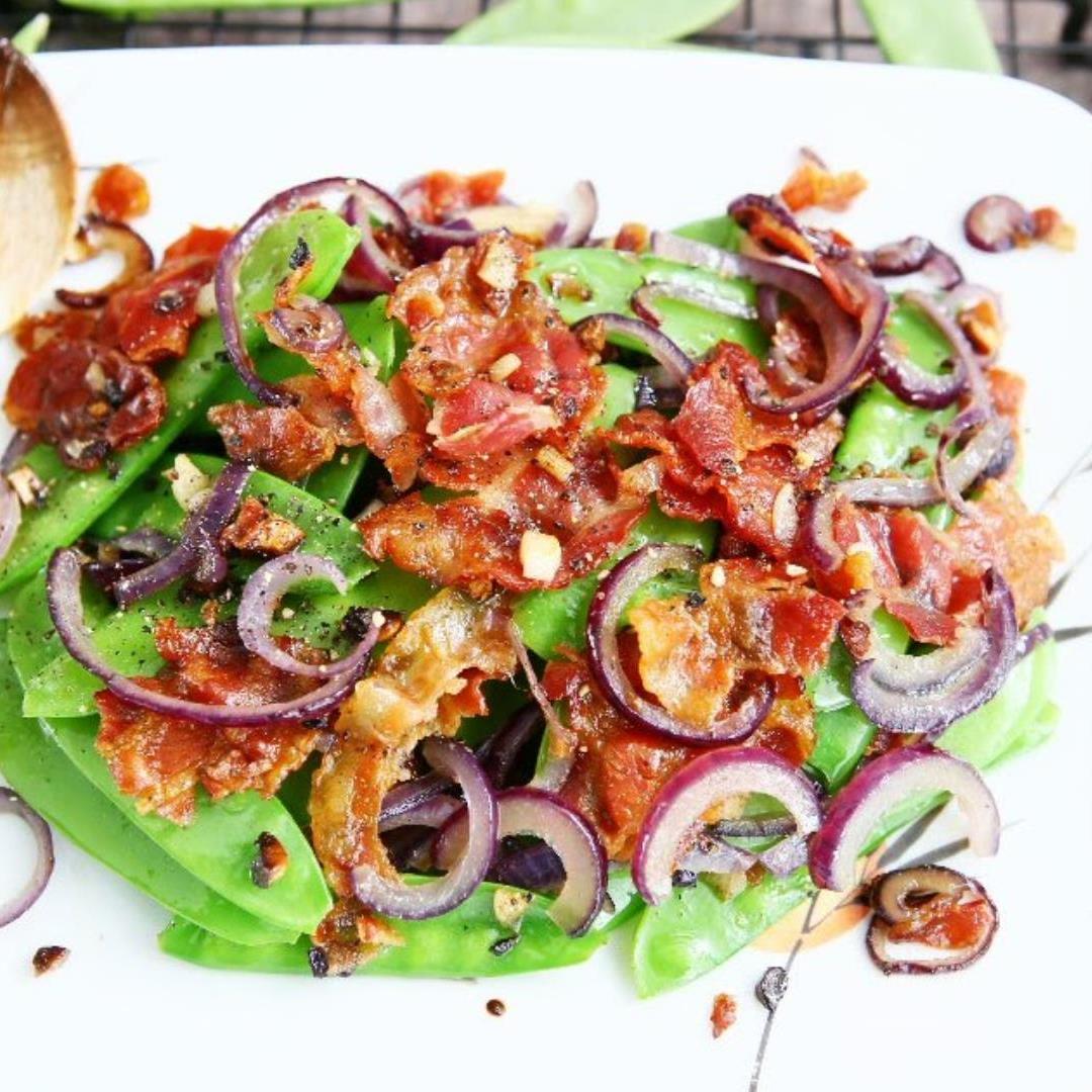 Snow Peas with Bacon and Red Onion