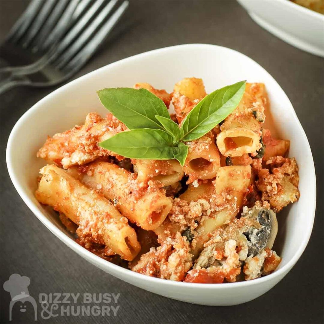 Crock Pot Baked Ziti with Mushrooms and Spinach