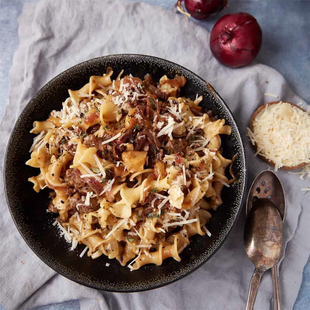 One Pan Pasta with Italian Sausage, Onions and Apples