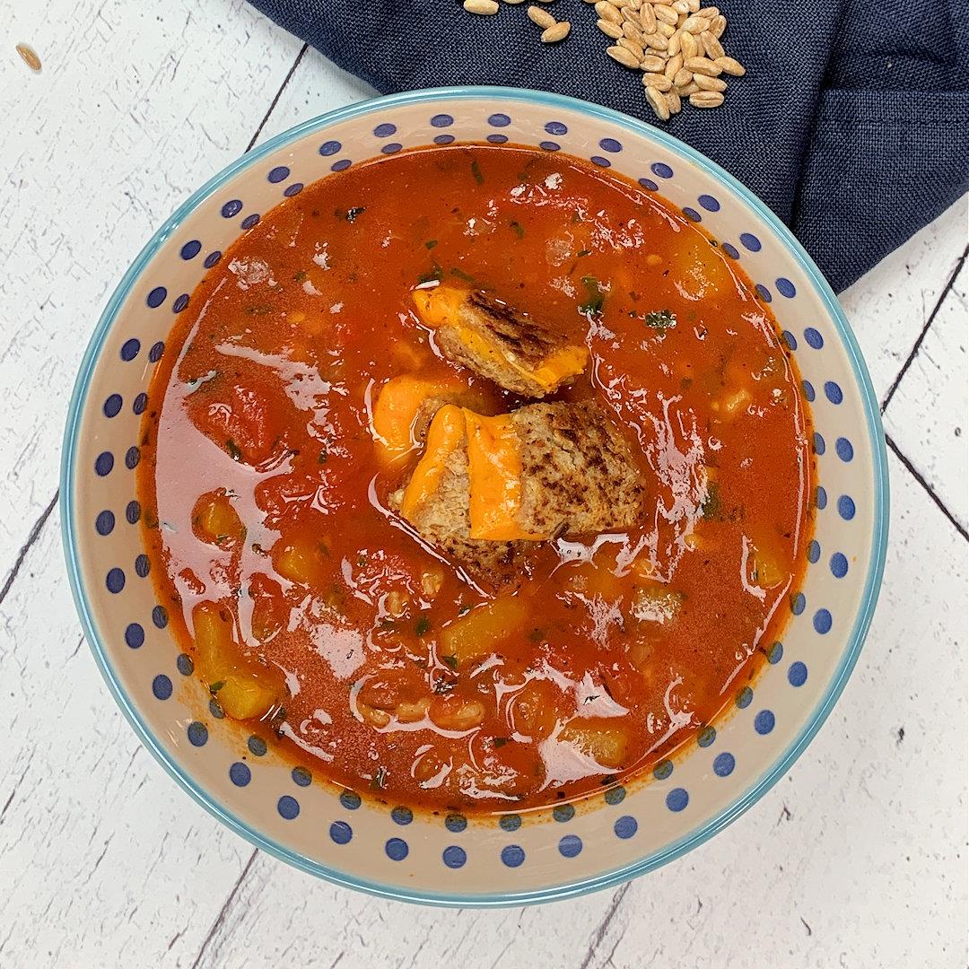 Tomato Farro Soup with Grilled Mimolette Croutons – A Gourmet F