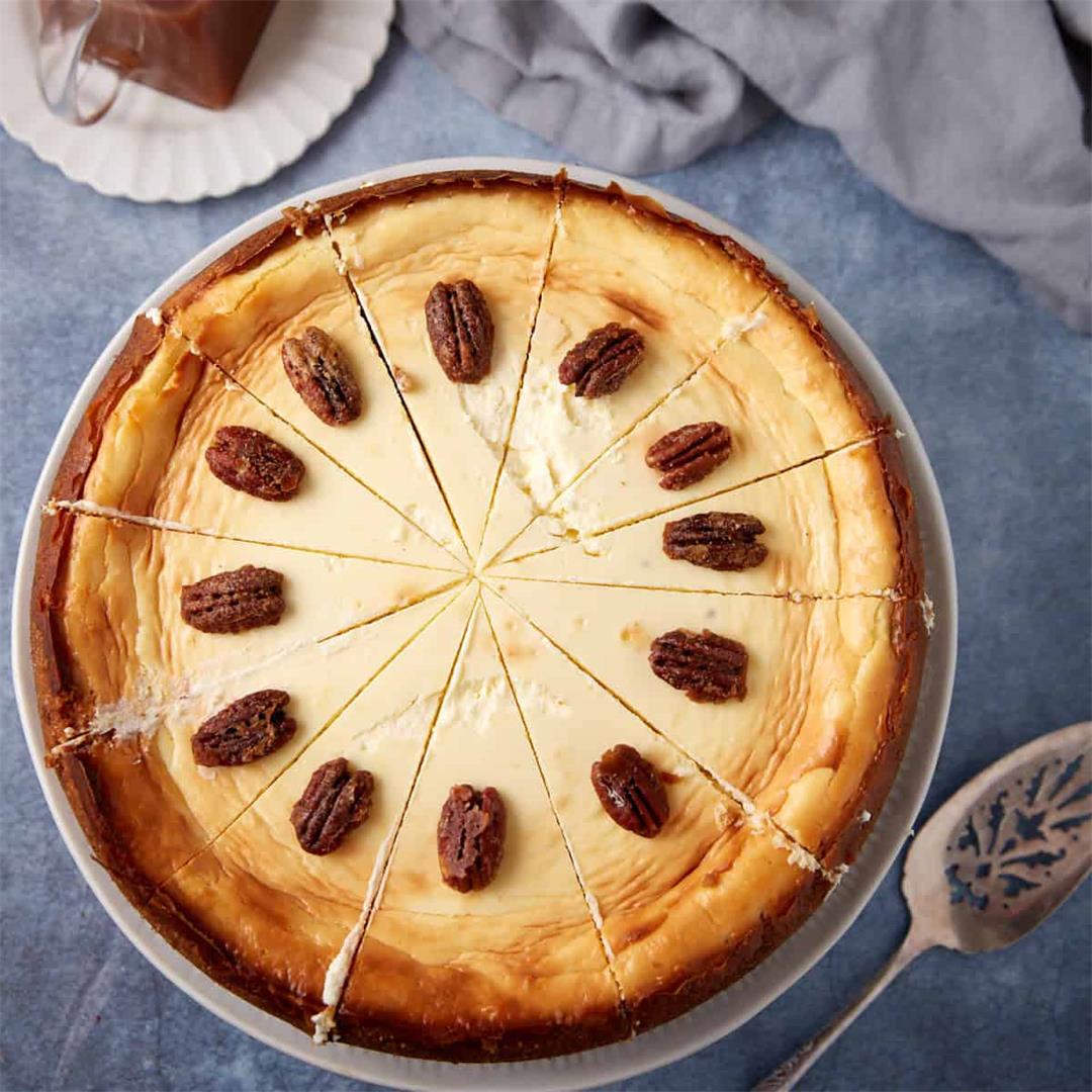 Pecan Praline Cheesecake With Caramel Sauce