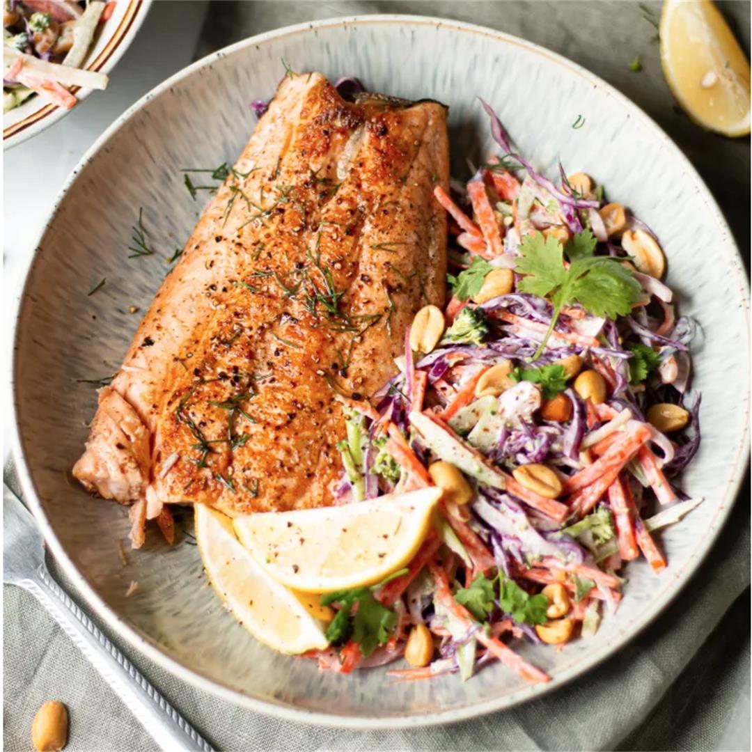 Pan Seared Salmon with Broccoli Slaw