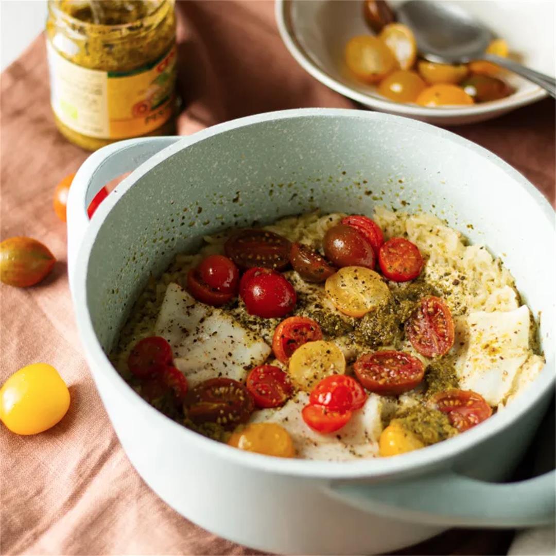 One Pot Coconut Pesto Rice and Fish