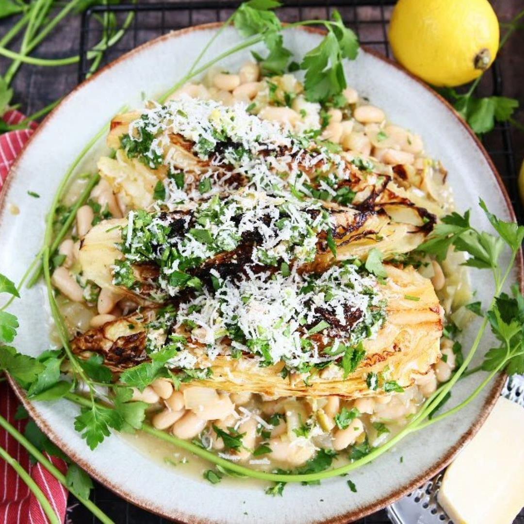 Charred Sweetheart Cabbage and Butter Beans with Caperberry Vin