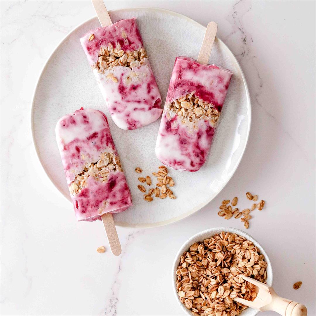 Mixed berry, yoghurt and granola popsicles