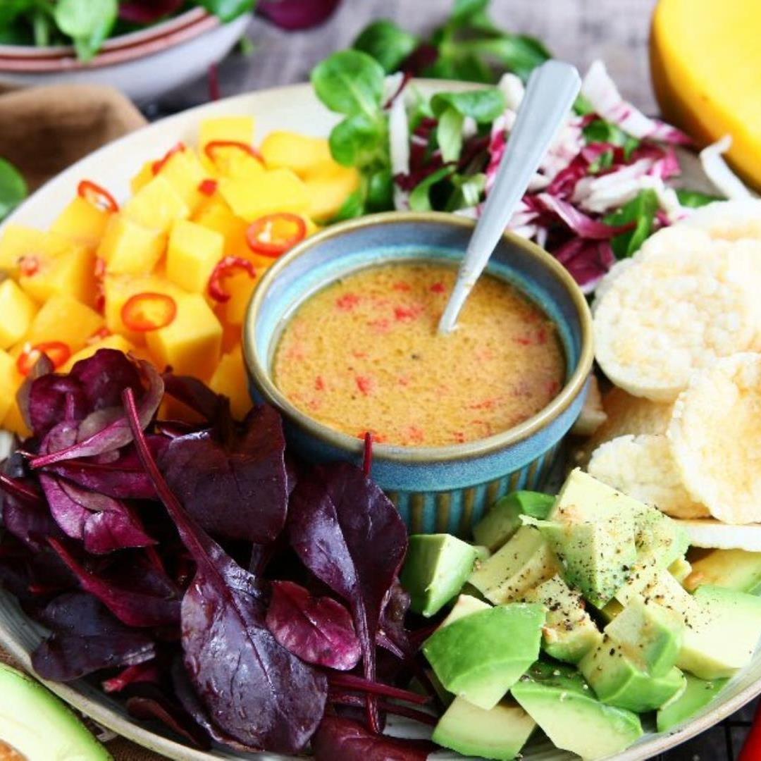 Mango and Avocado Salad with Carob Miso Vinaigrette