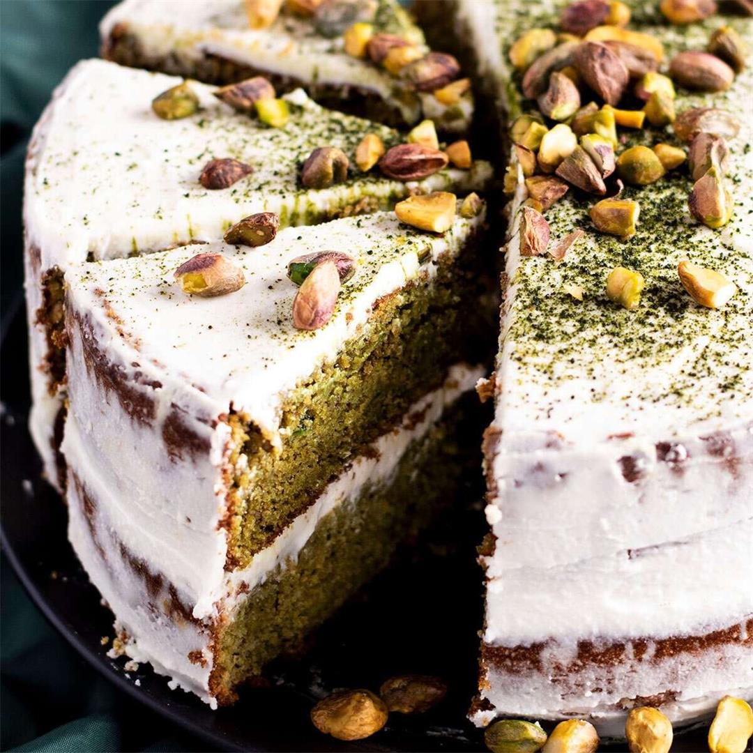 Pistachio Matcha Cake w/ Zucchini & White Chocolate Frosting