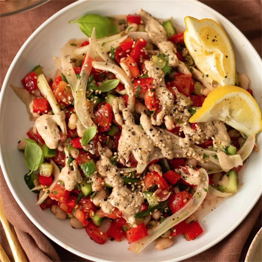 Chopped Salad with White Beans and Tahini