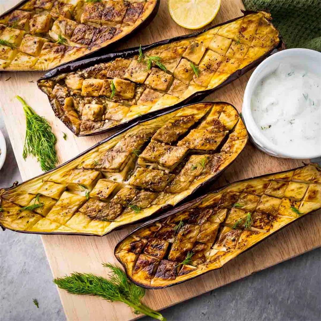 Oven Grilled Eggplant With Easy Garlic Dill Yogurt Sauce