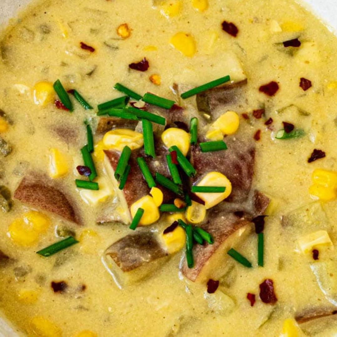 Spicy Creamy Potato Corn Chowder Soup (Gluten-Free, Vegan)