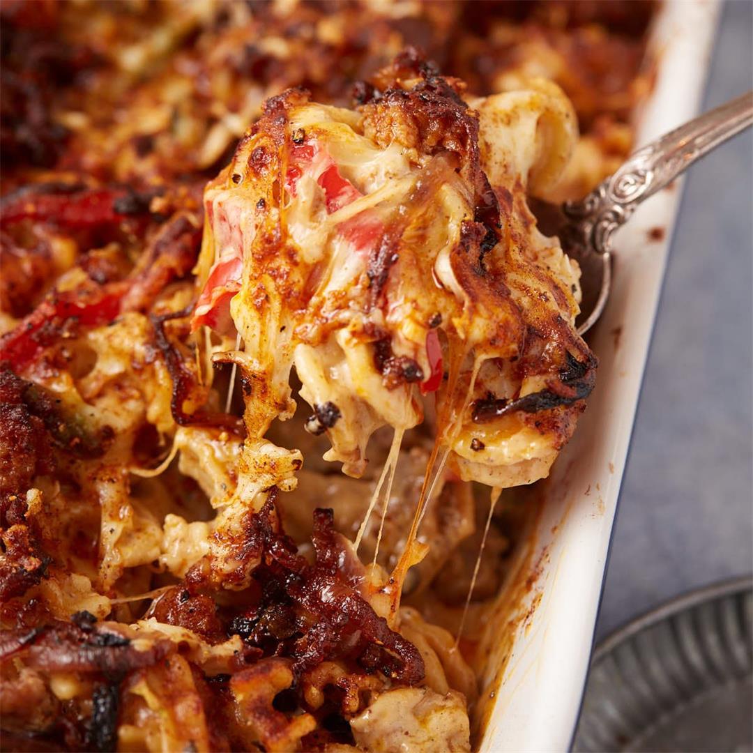 Sausage Mac and Cheese with Peppers and Onions